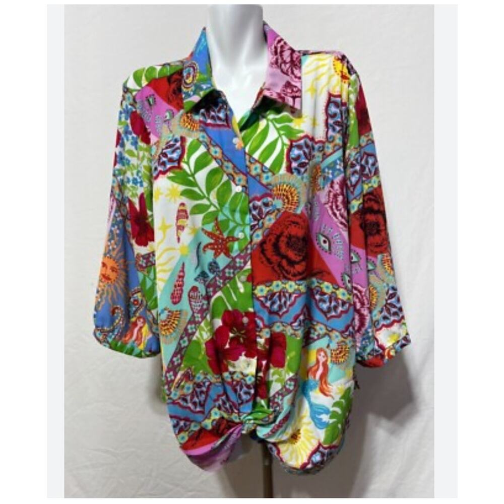 Cynthia Rowley Womens Knot Front Blouse 1X Colorful Celestial Tropical Beach Sun